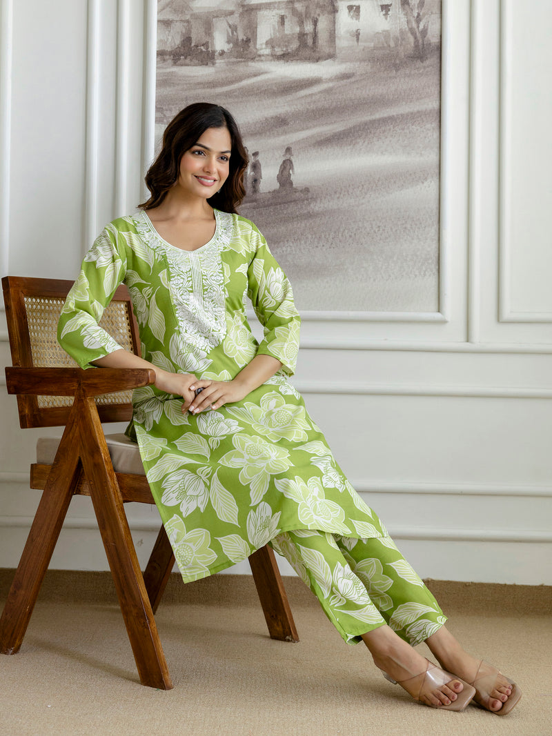 Lightgreen Slub Magic Cotton Digital Print Kurta Palazzo Set For Woman's
