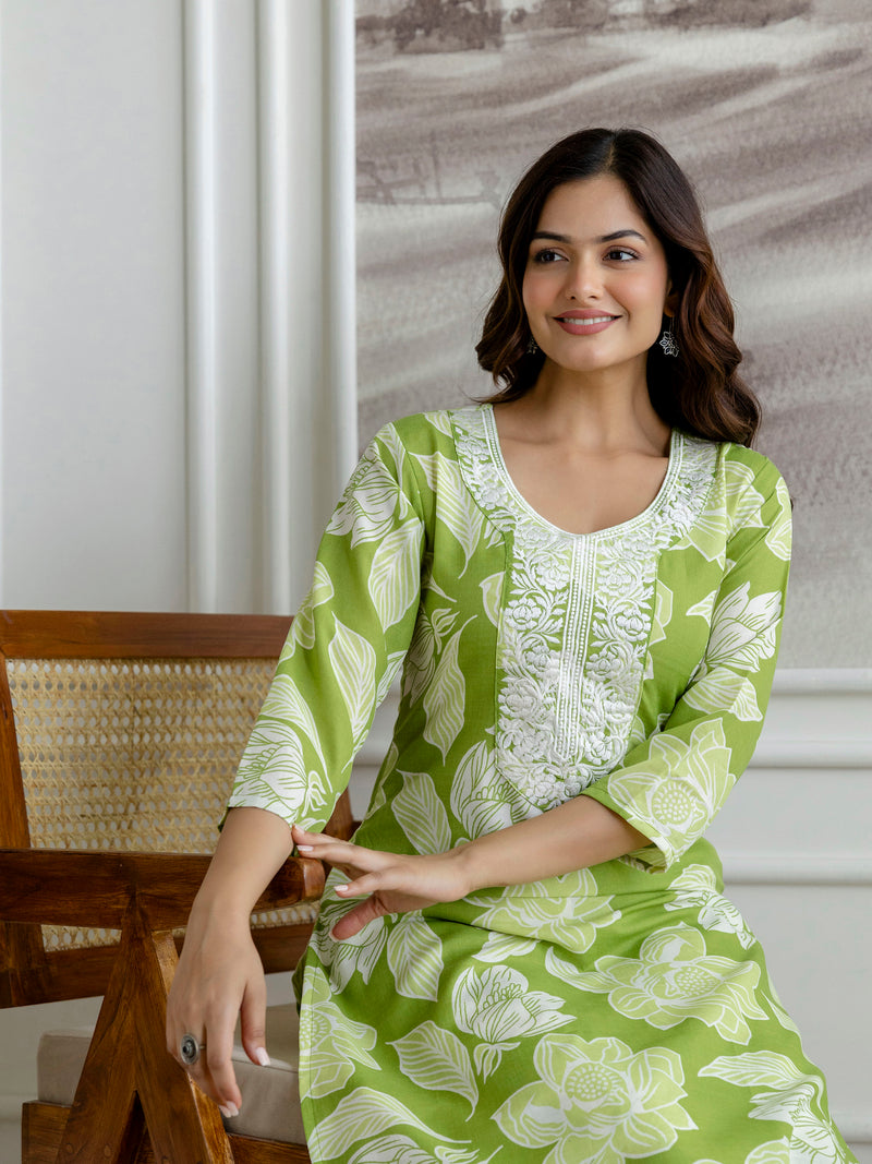 Lightgreen Slub Magic Cotton Digital Print Kurta Palazzo Set For Woman's