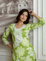 Lightgreen Slub Magic Cotton Digital Print Kurta Palazzo Set For Woman's