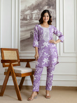 Lightpurple Slub Magic Cotton Digital Print Kurta Palazzo Set For Woman's