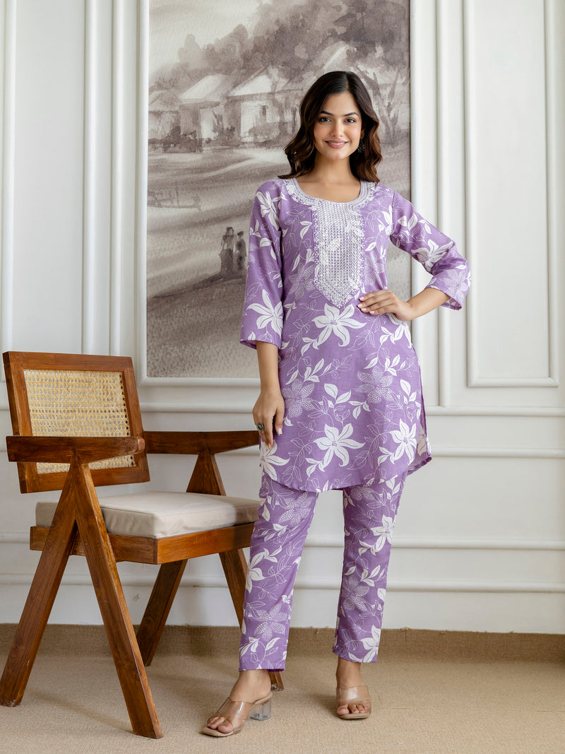 Lightpurple Slub Magic Cotton Digital Print Kurta Palazzo Set For Woman's