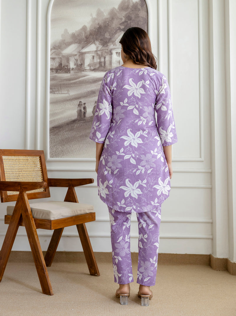 Lightpurple Slub Magic Cotton Digital Print Kurta Palazzo Set For Woman's