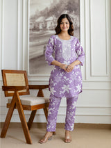 Lightpurple Slub Magic Cotton Digital Print Kurta Palazzo Set For Woman's