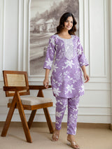 Lightpurple Slub Magic Cotton Digital Print Kurta Palazzo Set For Woman's