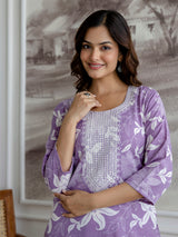 Lightpurple Slub Magic Cotton Digital Print Kurta Palazzo Set For Woman's