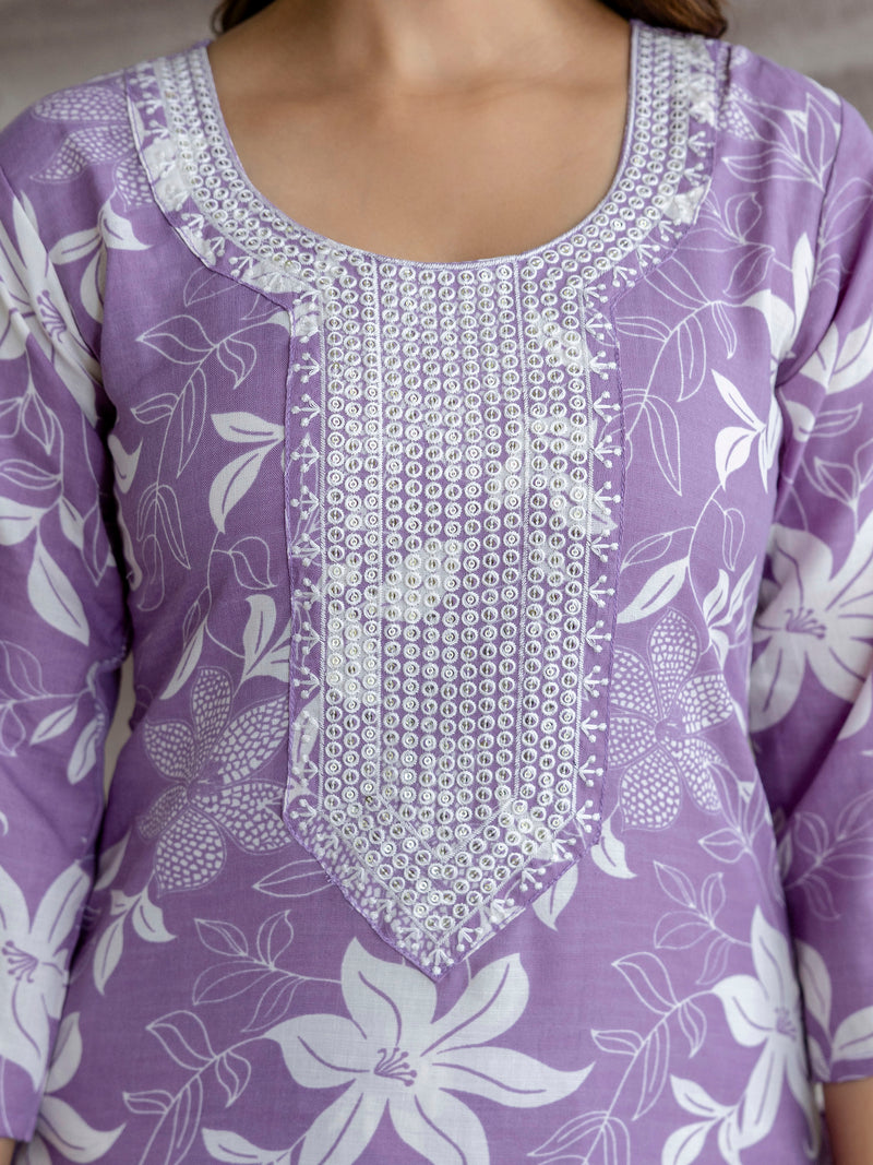 Lightpurple Slub Magic Cotton Digital Print Kurta Palazzo Set For Woman's
