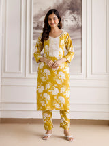 Yellow Slub Magic Cotton Digital Print Kurta Palazzo Set For Woman's