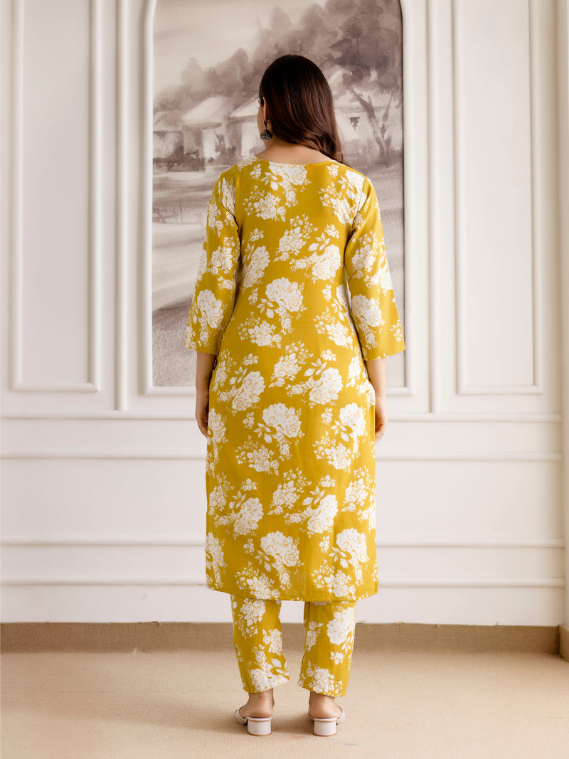 Yellow Slub Magic Cotton Digital Print Kurta Palazzo Set For Woman's Trendmalls