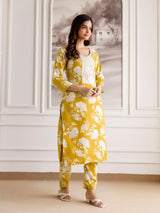 Yellow Slub Magic Cotton Digital Print Kurta Palazzo Set For Woman's