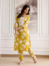 Yellow Slub Magic Cotton Digital Print Kurta Palazzo Set For Woman's