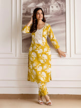Yellow Slub Magic Cotton Digital Print Kurta Palazzo Set For Woman's Trendmalls