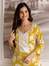 Yellow Slub Magic Cotton Digital Print Kurta Palazzo Set For Woman's