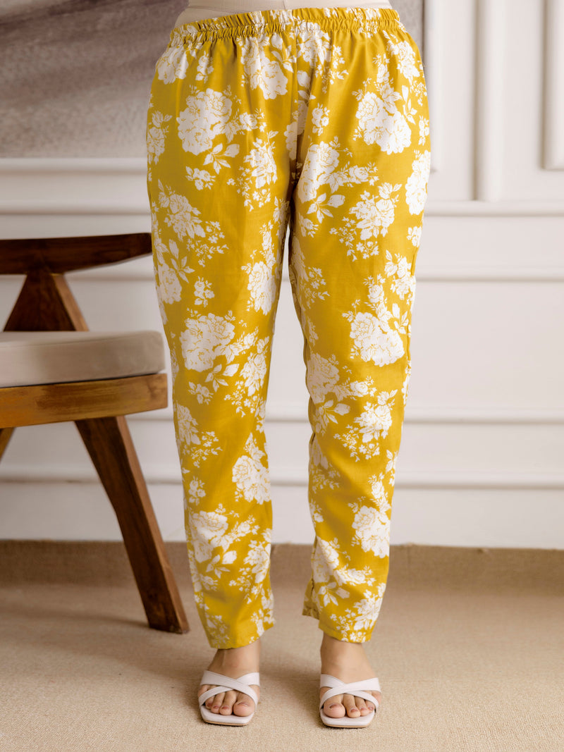 Yellow Slub Magic Cotton Digital Print Kurta Palazzo Set For Woman's Trendmalls