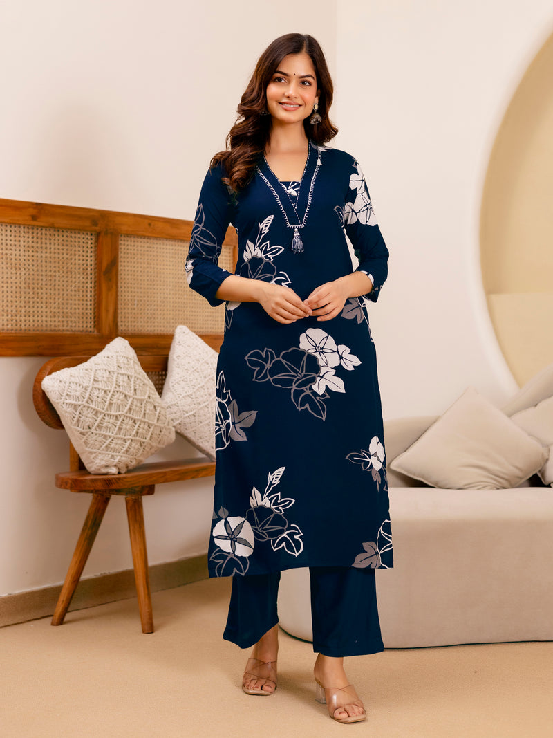 Navyblue Pure Cotton Floral Print Kurta Pant Set For Women's
