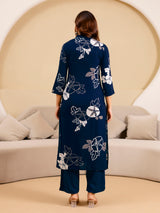 Navyblue Pure Cotton Floral Print Kurta Pant Set For Women's