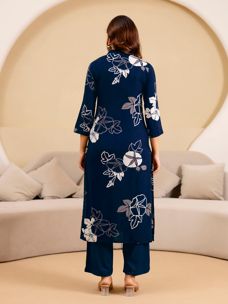 Navyblue Pure Cotton Floral Print Kurta Pant Set For Women's