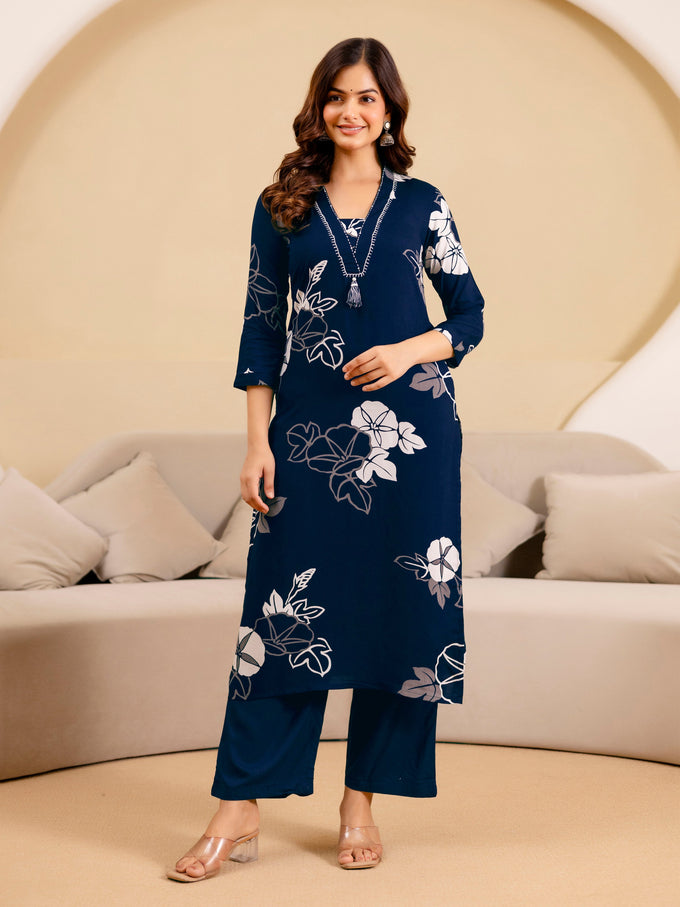 Navyblue Pure Cotton Floral Print Kurta Pant Set For Women's Trendmalls