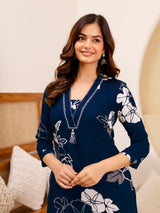 Navyblue Pure Cotton Floral Print Kurta Pant Set For Women's
