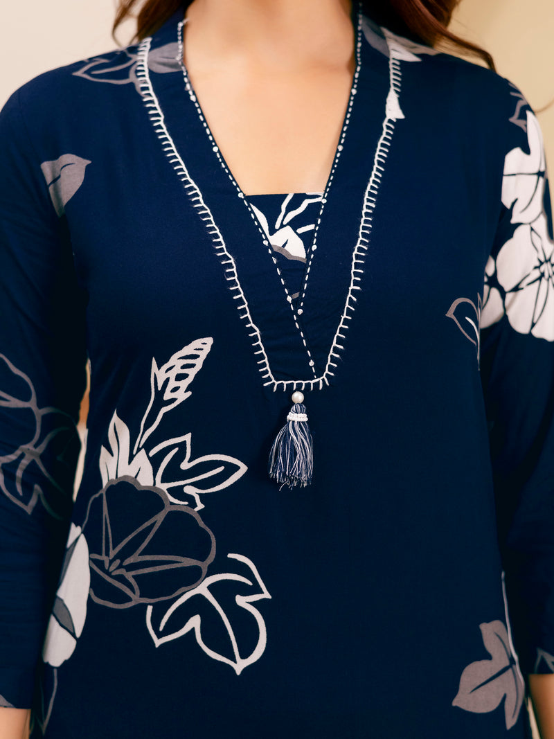 Navyblue Pure Cotton Floral Print Kurta Pant Set For Women's