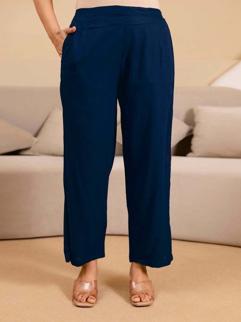Navyblue Pure Cotton Floral Print Kurta Pant Set For Women's