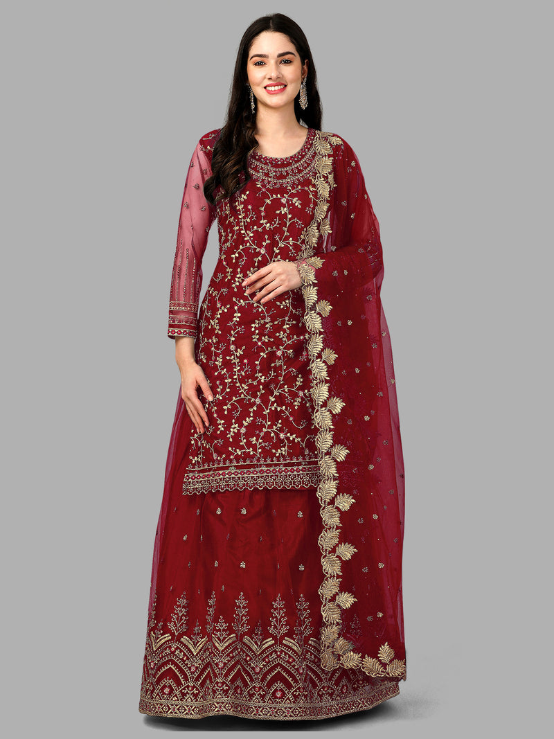 Maroon Net Embroidery Salwar Suit Set Kurta Lehenga with Dupatta Kurta Set for Women's