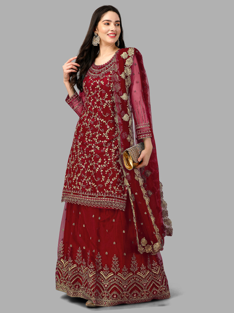 Maroon Net Embroidery Salwar Suit Set Kurta Lehenga with Dupatta Kurta Set for Women's