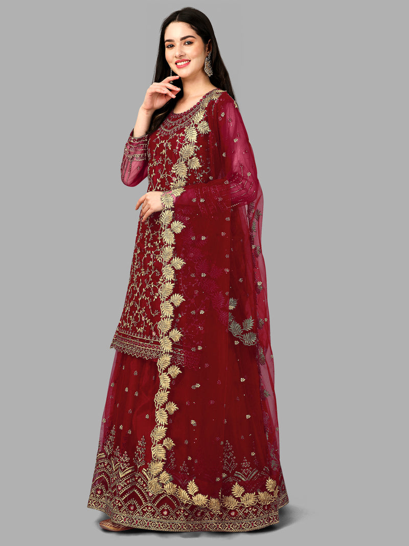 Maroon Net Embroidery Salwar Suit Set Kurta Lehenga with Dupatta Kurta Set for Women's