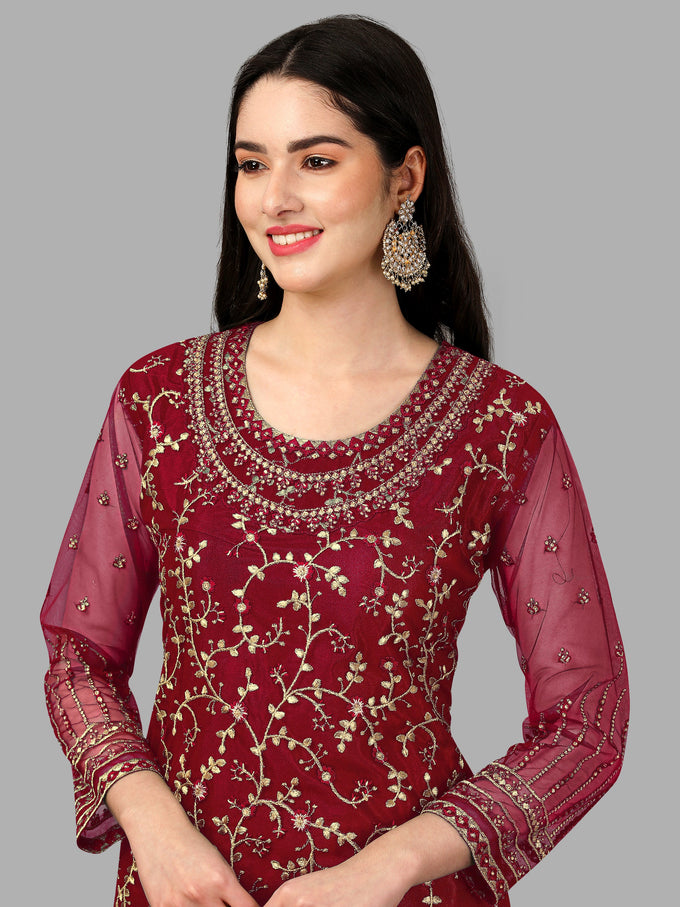Maroon Net Embroidery Salwar Suit Set Kurta Lehenga with Dupatta Kurta Set for Women's Trendmallsin