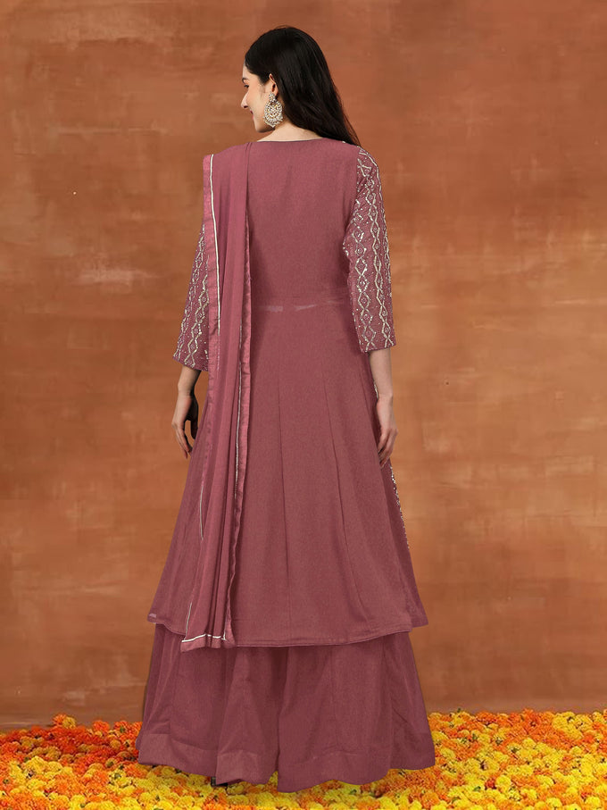 DarkPeach  Georgette Embroidery Anarklai Suit Set Kurta Lehenga with Dupatta Kurta Set for Women's Trendmallsin