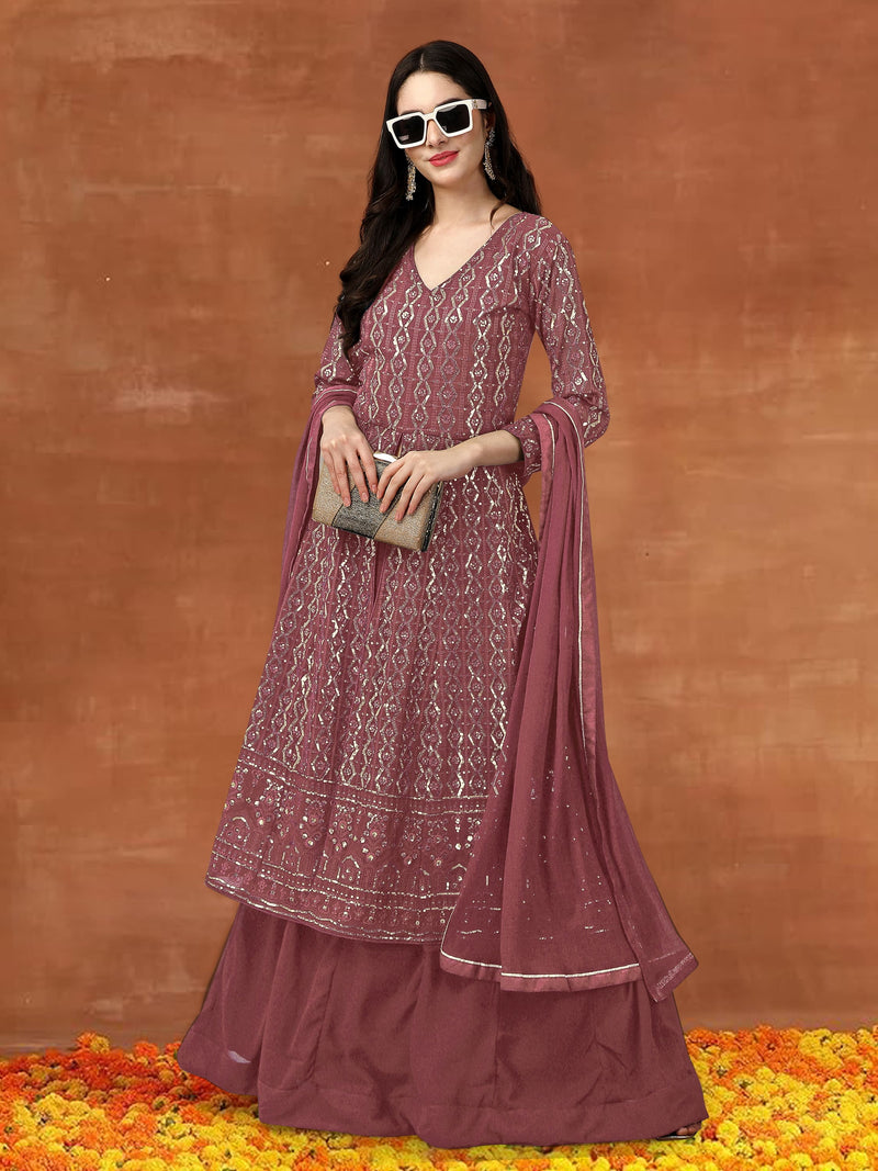 DarkPeach  Georgette Embroidery Anarklai Suit Set Kurta Lehenga with Dupatta Kurta Set for Women's
