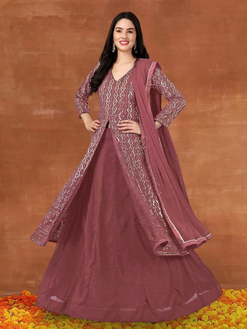 DarkPeach  Georgette Embroidery Anarklai Suit Set Kurta Lehenga with Dupatta Kurta Set for Women's