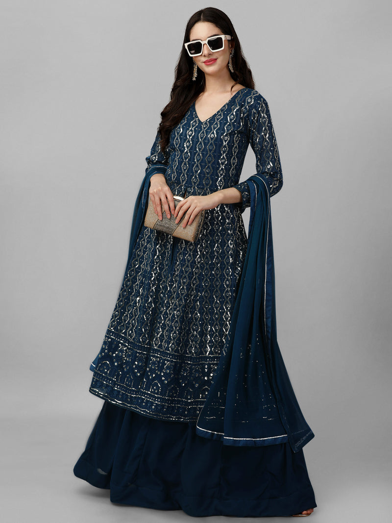 Morpeach Georgette Embroidery Anarklai Suit Set Kurta Lehenga with Dupatta Kurta Set for Women's
