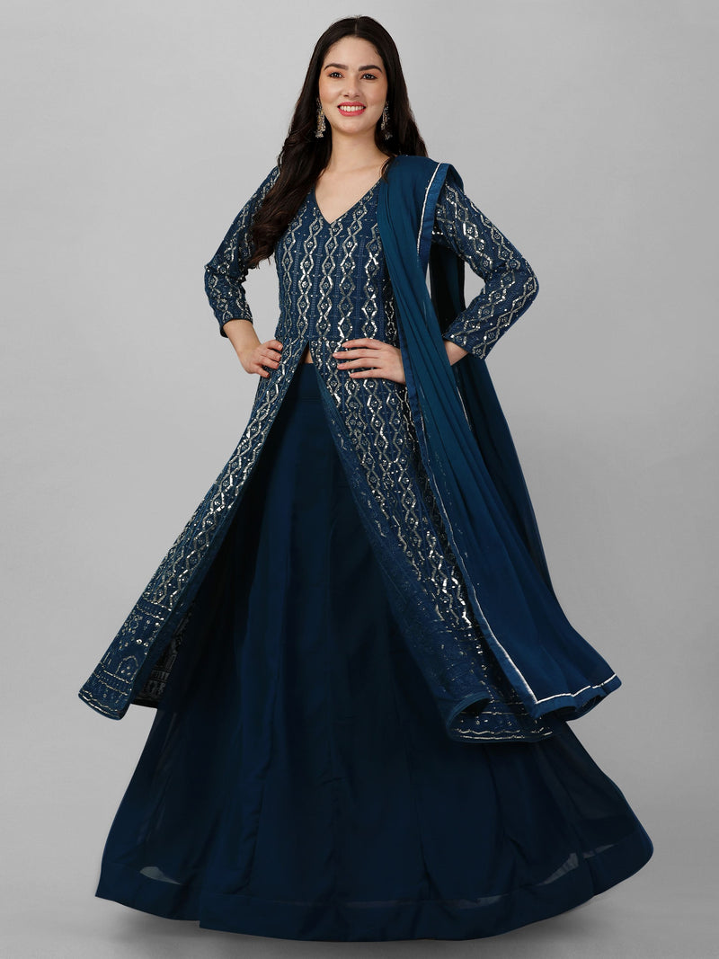 Morpeach Georgette Embroidery Anarklai Suit Set Kurta Lehenga with Dupatta Kurta Set for Women's