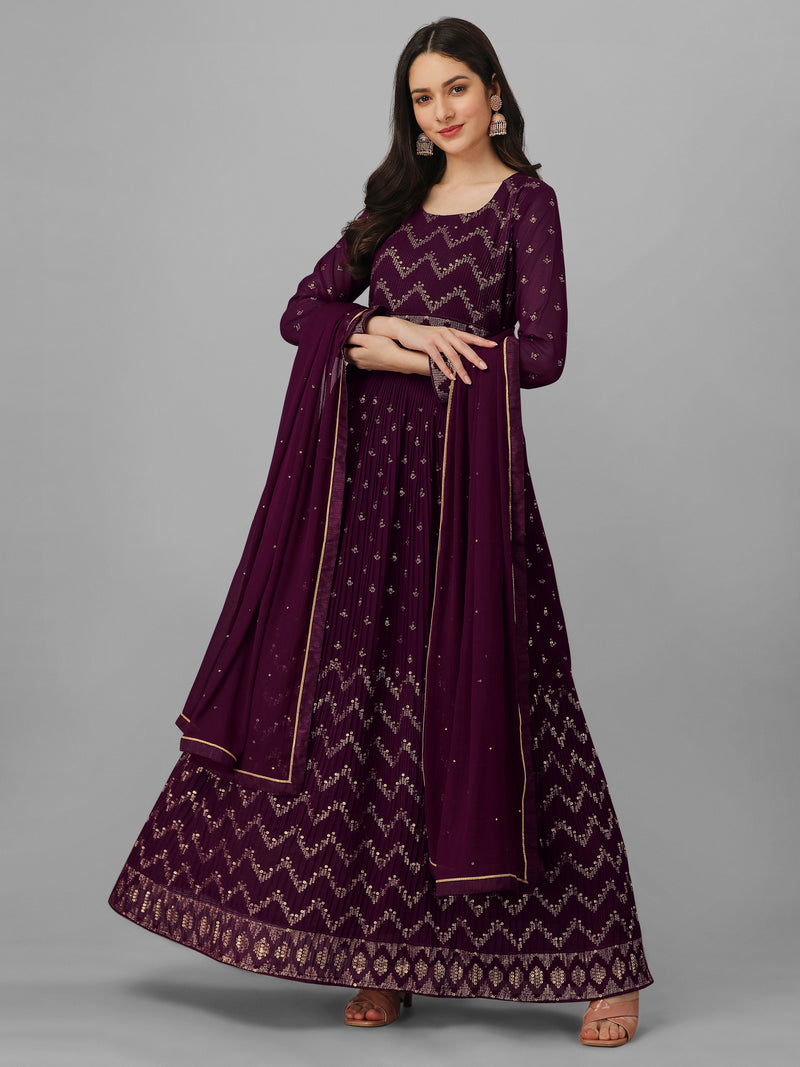 Purple Georgette Embroidery Anarkali Salwar Suit Set with Dupatta For Women's