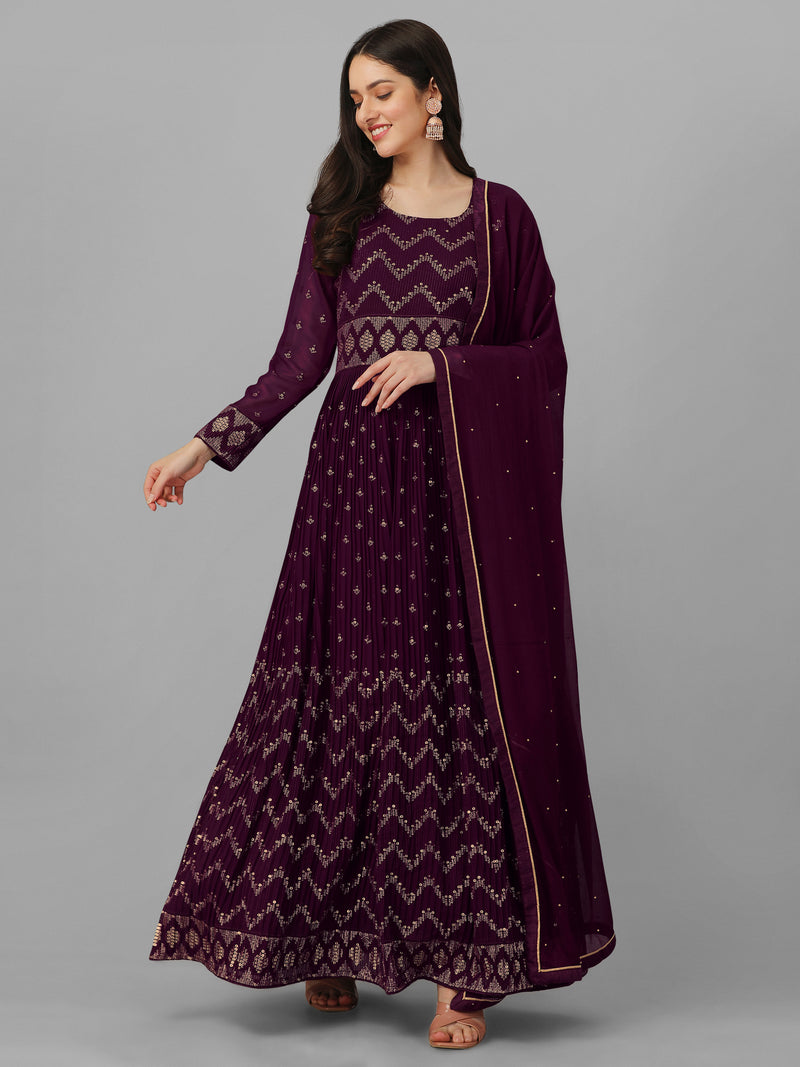 Purple Georgette Embroidery Anarkali Salwar Suit Set with Dupatta For Women's