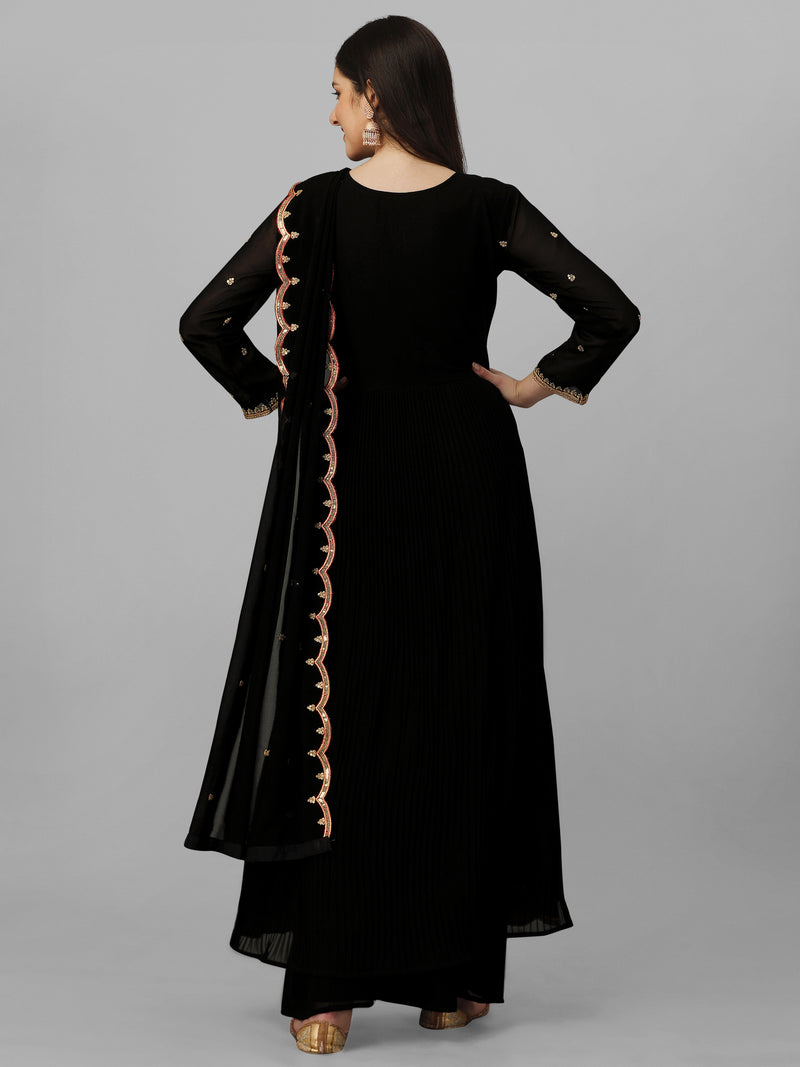 Black Georgette Embroidery Salwar Suit Set Kurta Palazzo with Dupatta Nyra Cut Kurta Set for Women
