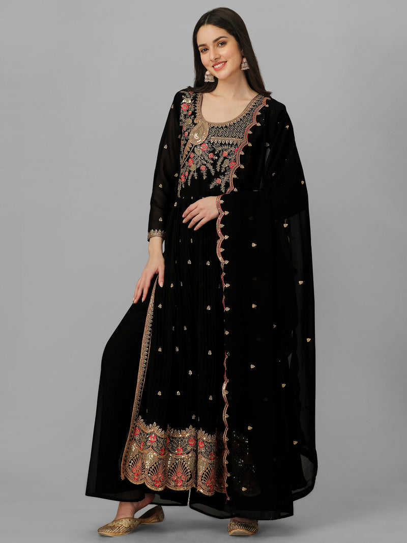 Black Georgette Embroidery Salwar Suit Set Kurta Palazzo with Dupatta Nyra Cut Kurta Set for Women