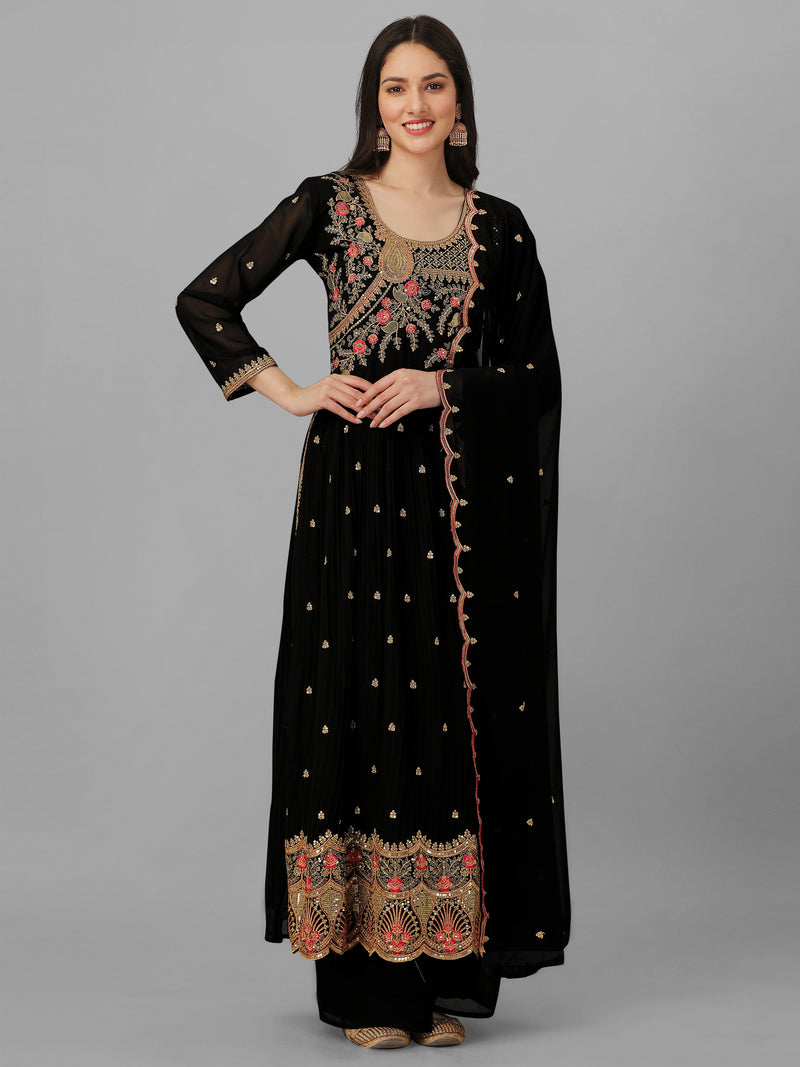 Black Georgette Embroidery Salwar Suit Set Kurta Palazzo with Dupatta Nyra Cut Kurta Set for Women