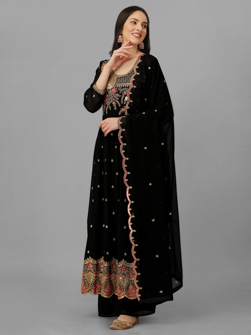 Black Georgette Embroidery Salwar Suit Set Kurta Palazzo with Dupatta Nyra Cut Kurta Set for Women