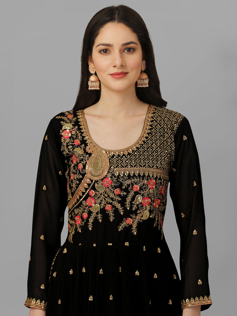 Black Georgette Embroidery Salwar Suit Set Kurta Palazzo with Dupatta Nyra Cut Kurta Set for Women