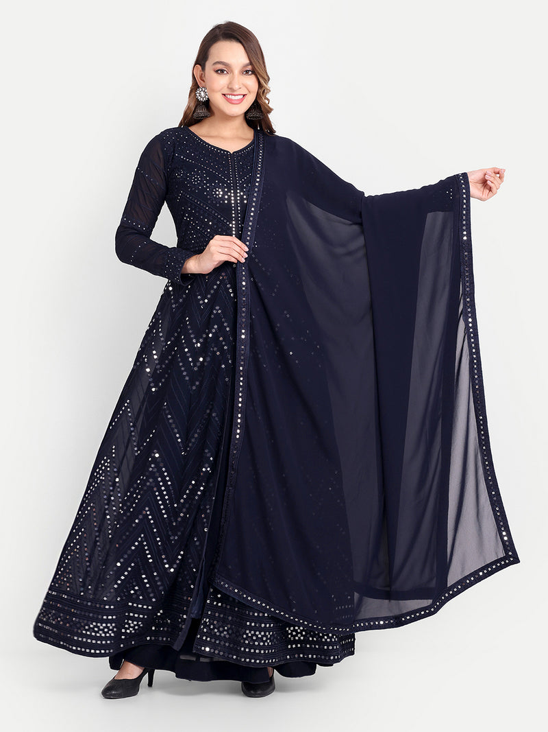 Blue Georgette Embroidery Anarklai Suit Set Kurta Lehenga with Dupatta Blue Kurta Set for Women