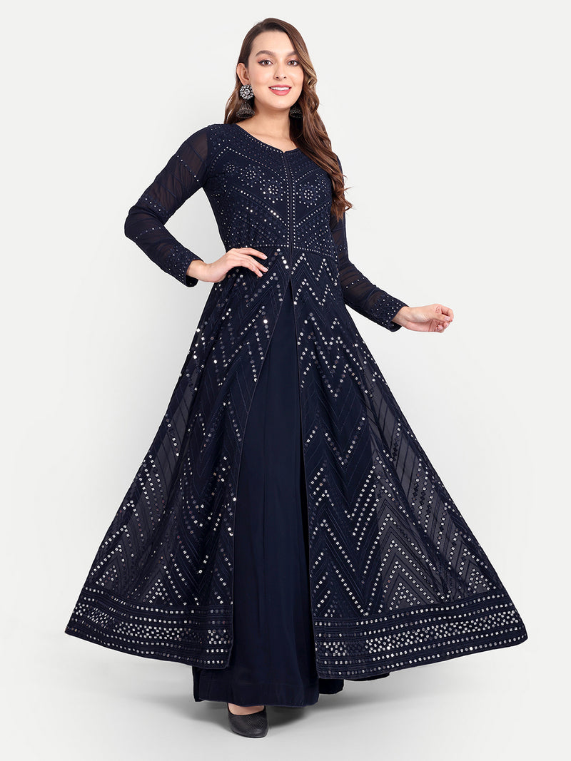 Blue Georgette Embroidery Anarklai Suit Set Kurta Lehenga with Dupatta Blue Kurta Set for Women