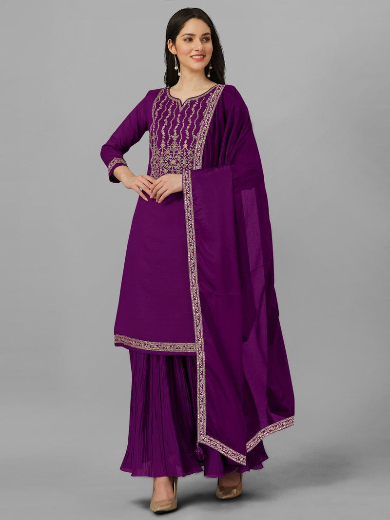 Women's Vichitra Silk Embroidery Salwar Suit Set Kurta Sharara with Dupatta Purple Kurta Set for Women
