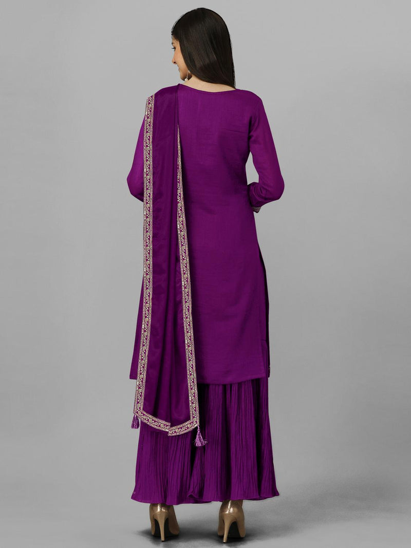Women's Vichitra Silk Embroidery Salwar Suit Set Kurta Sharara with Dupatta Purple Kurta Set for Women