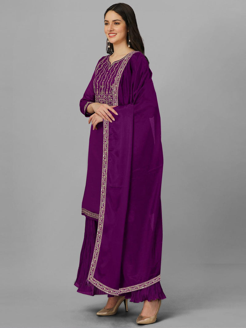 Women's Vichitra Silk Embroidery Salwar Suit Set Kurta Sharara with Dupatta Purple Kurta Set for Women