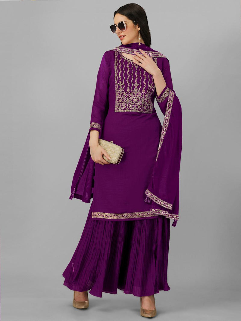 Women's Vichitra Silk Embroidery Salwar Suit Set Kurta Sharara with Dupatta Purple Kurta Set for Women