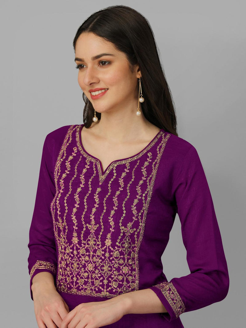 Women's Vichitra Silk Embroidery Salwar Suit Set Kurta Sharara with Dupatta Purple Kurta Set for Women