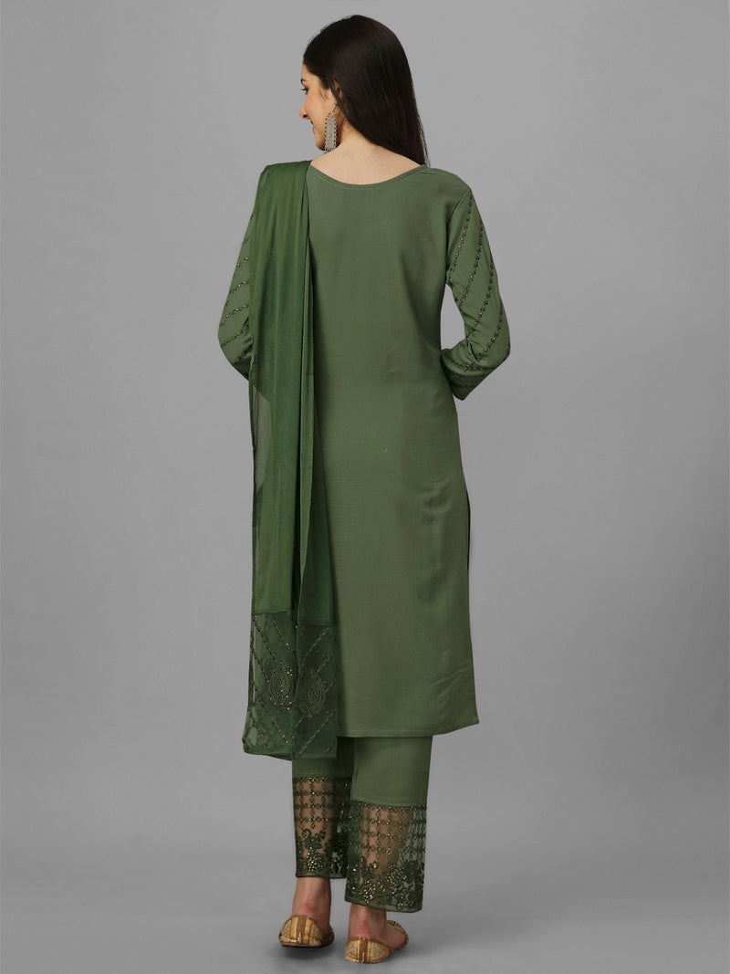 Dark Green Cotton Embroidery Salwar Suit Set with Dupatta for Women's