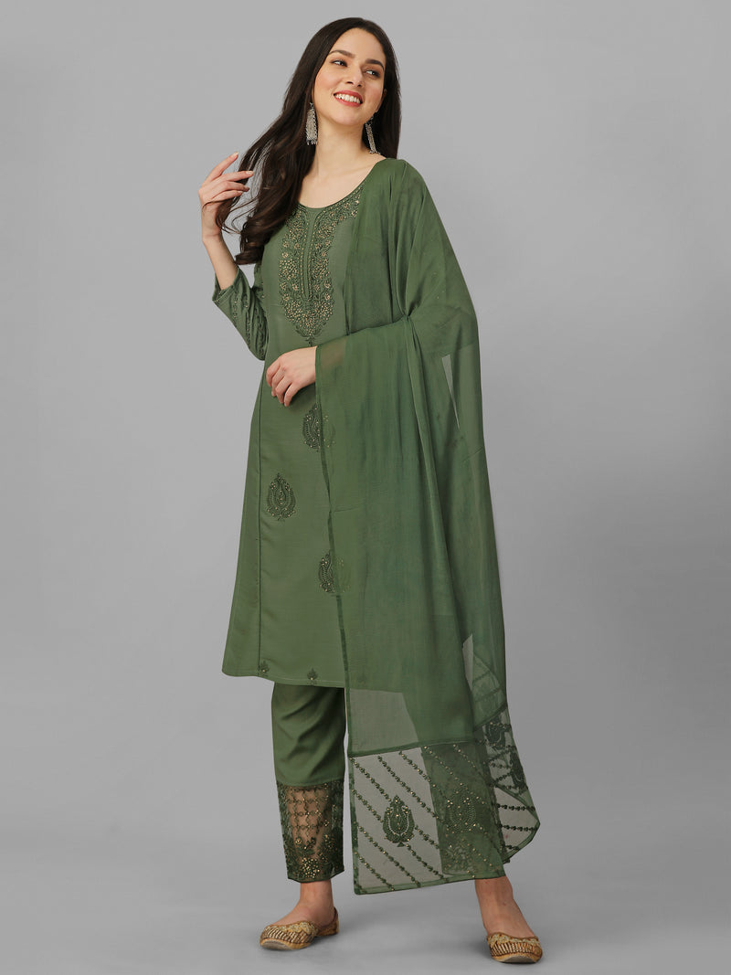 Dark Green Cotton Embroidery Salwar Suit Set with Dupatta for Women's