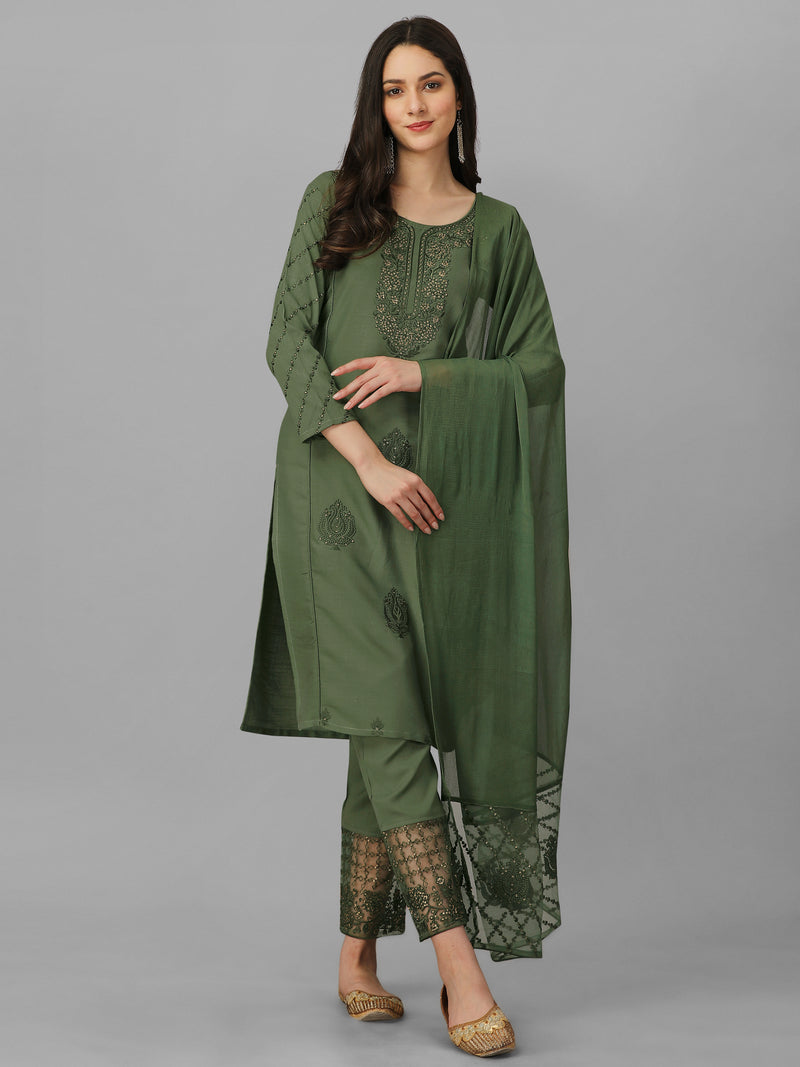 Dark Green Cotton Embroidery Salwar Suit Set with Dupatta for Women's